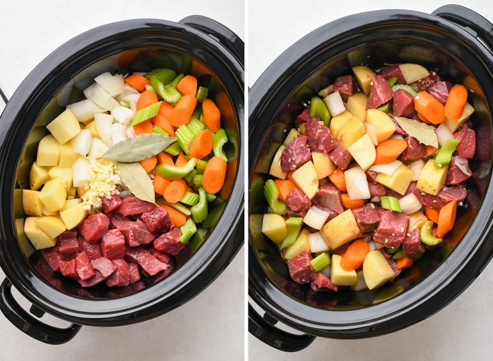 two photos showing How to Make Beef Stew - adding the meat, potatoes, vegetables and bay leaves to the slow cooker and stirring to combine.