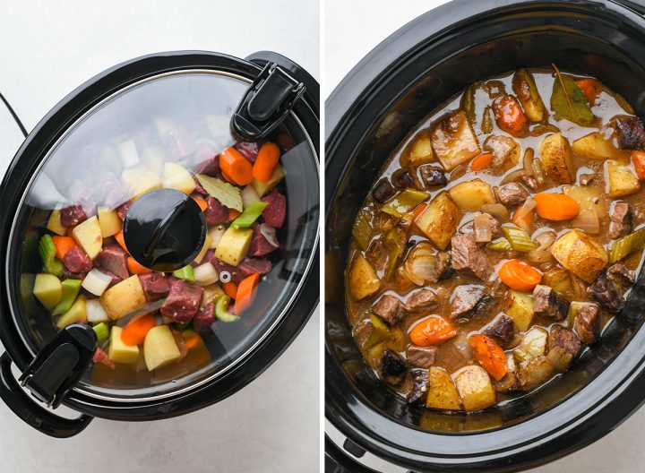 two photos showing How to Make Beef Stew - before and after cooking in the slow cooker