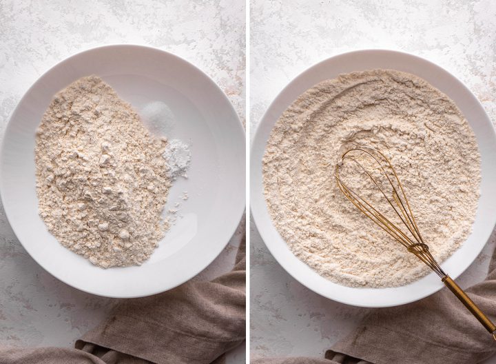 two photos showing how to make blondies - combining the dry ingredients