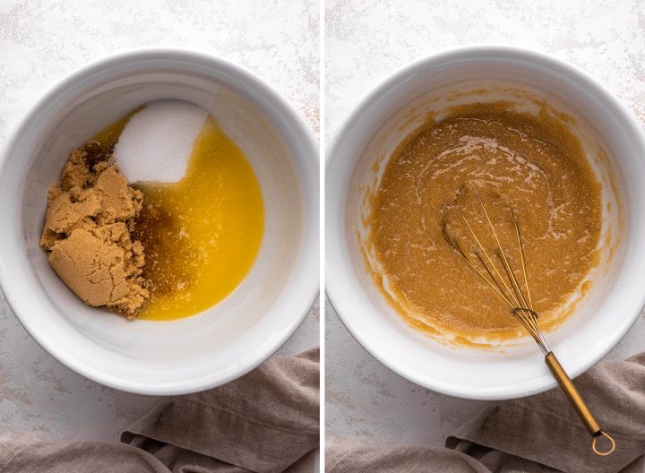two photos showing how to make blondies - combining the sugars and butter