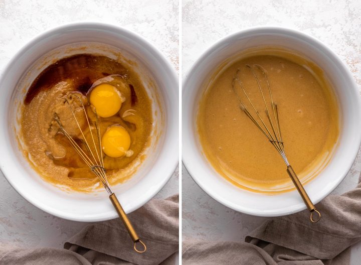 two photos showing how to make blondies - whisking in eggs and vanilla