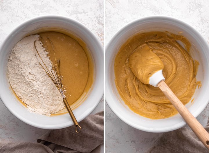 two photos showing how to make blondies - adding dry ingredients to the wet ingredients