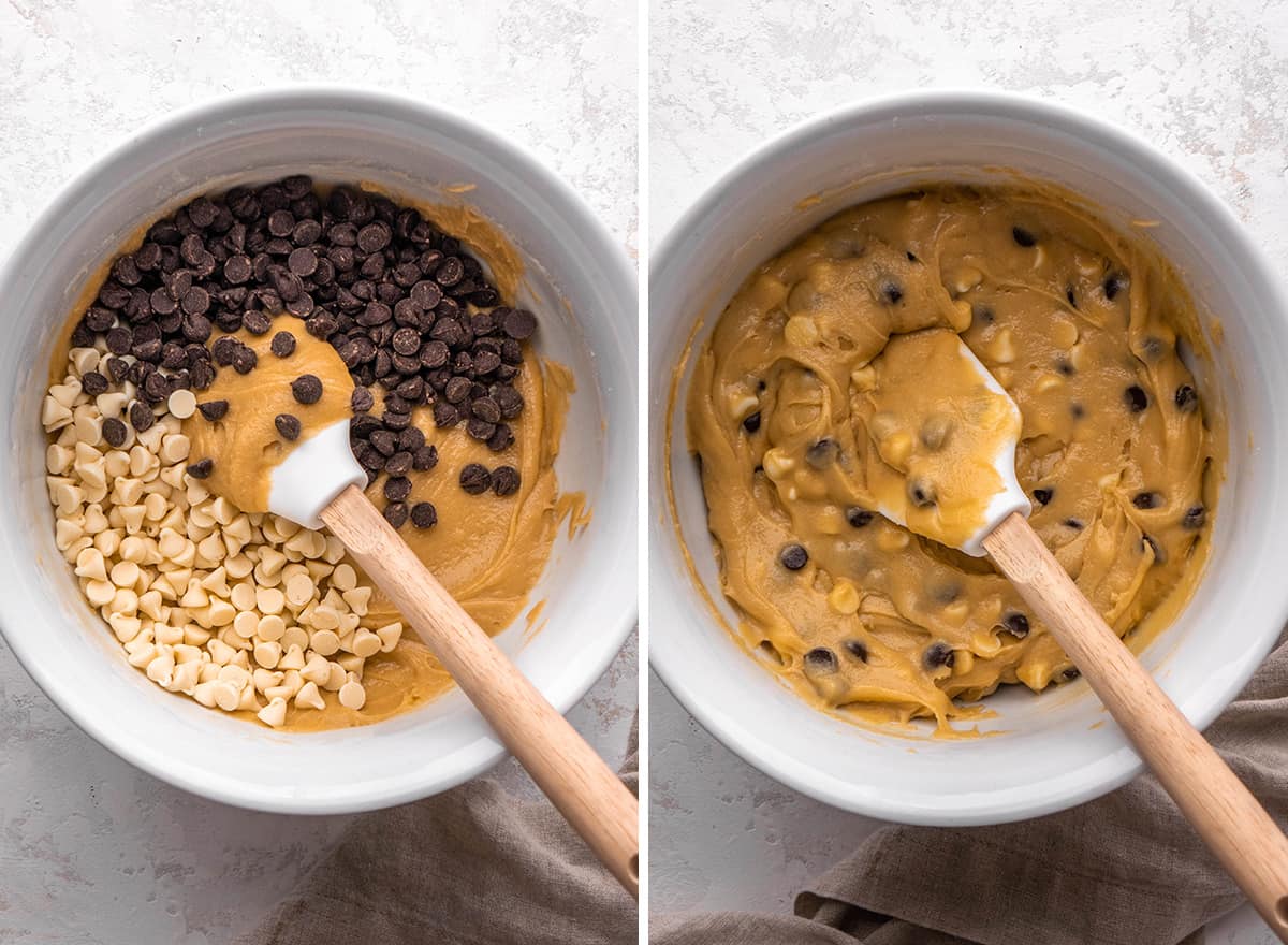 two photos showing how to make blondies - adding chocolate chips and white chocolate chips