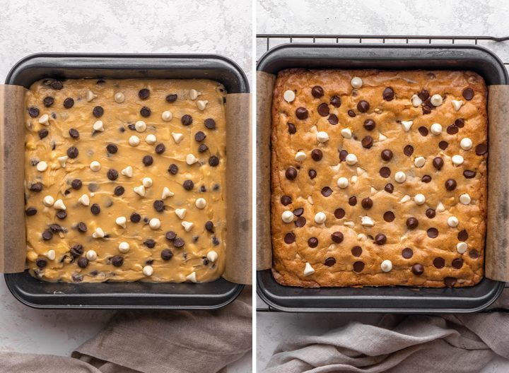 two photos of blondies in the pan before and after baking