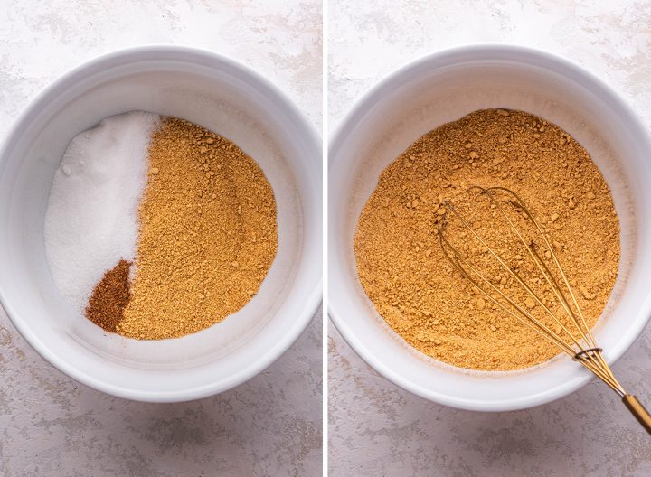 two photos showing how to make a graham cracker crust for cheesecake
