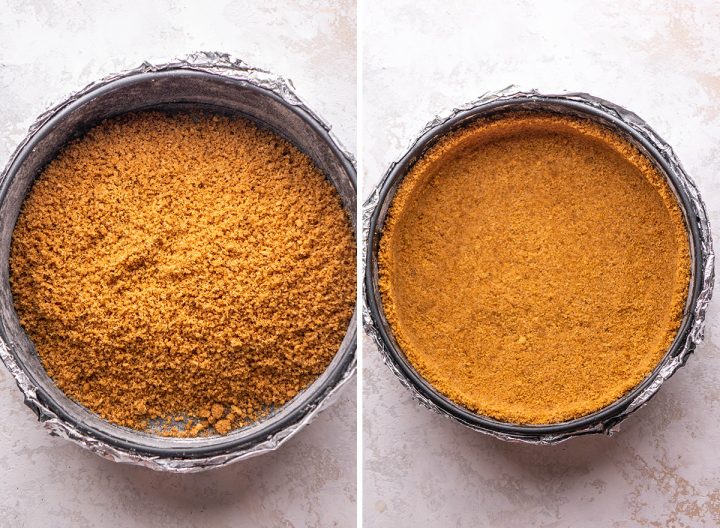 two photos showing how to make a graham cracker crust for cheesecake