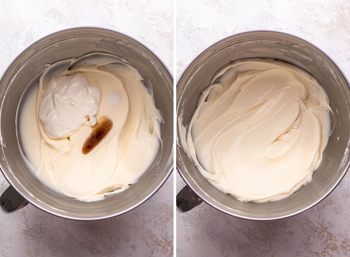 two photos showing how to make cheesecake filling