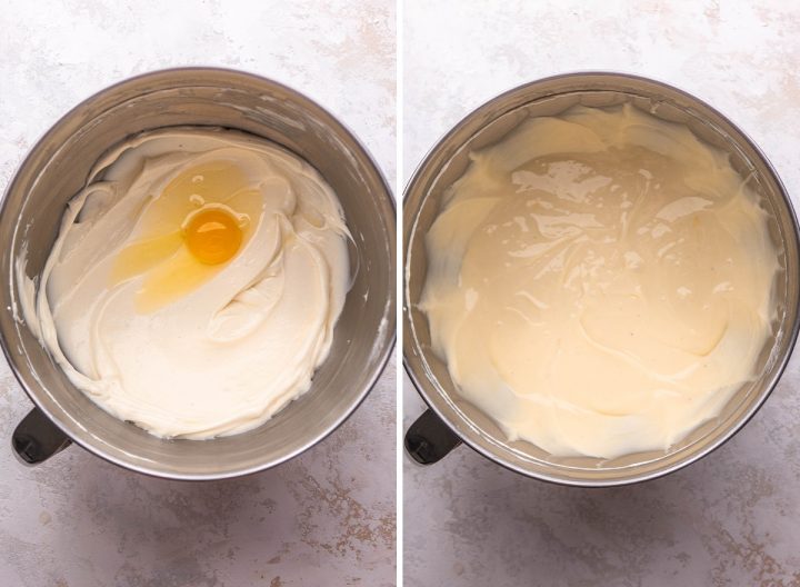 two photos showing how to make cheesecake filling