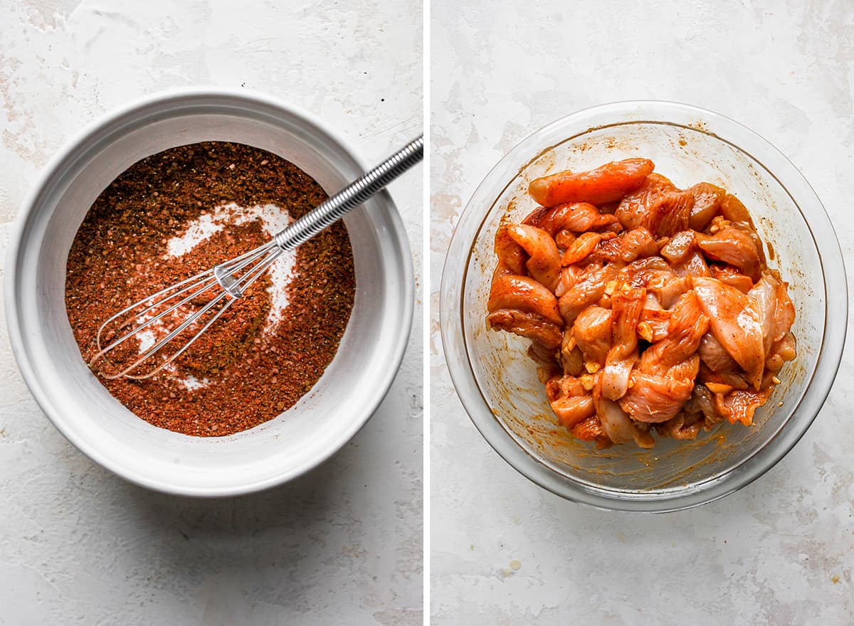 two photos showing How to Make Chicken Fajitas - marinating chicken 