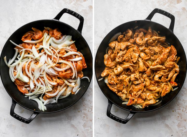 two photos showing How to Make Chicken Fajitas - cooking chicken, onions and garlic. 
