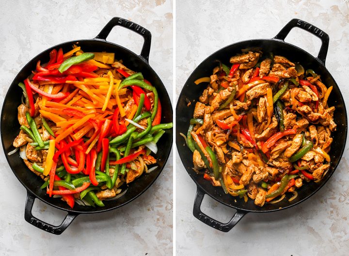 two photos showing How to Make Chicken Fajitas - adding bell peppers.
