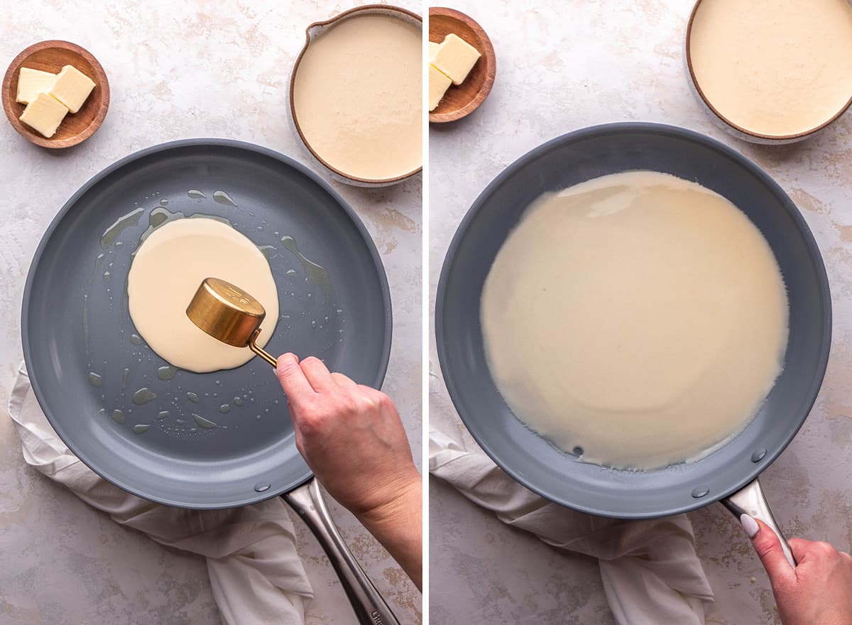 two photos showing How to Make Crepes - pouring batter into a crepe pan and spreading it around