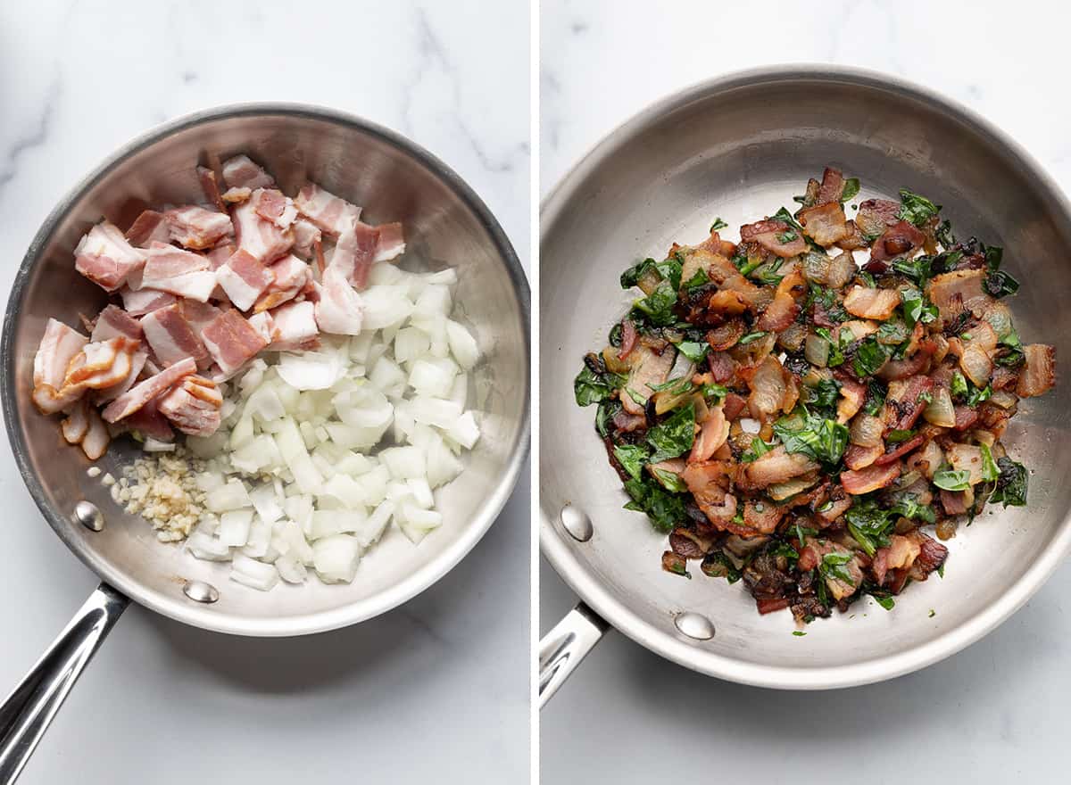 two photos showing How to Make Quiche - cooking the vegetables, bacon and onion for the filling