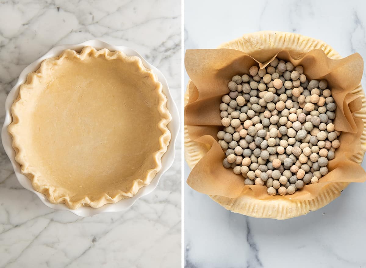 two photos showing How to Make Quiche - par-baking the crust with pie weights 