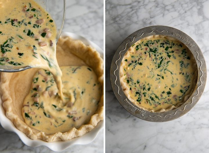 two photos showing How to Make Quiche - pouring the filling into the partially-baked pie crust. 