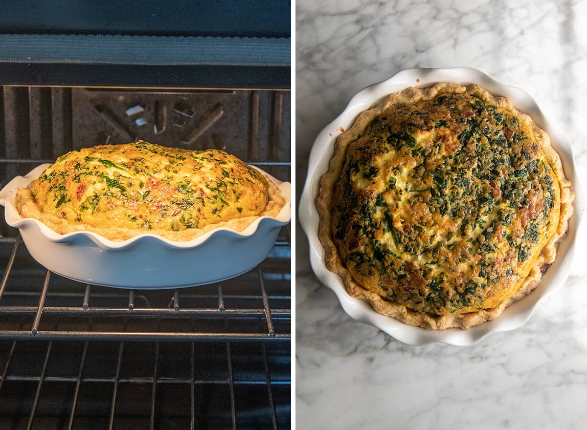 two photos showing How to Make Quiche - the quiche baking in the oven and then cooling 