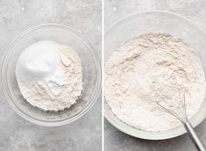 two photos showing How to Make Scones - combining dry ingredients