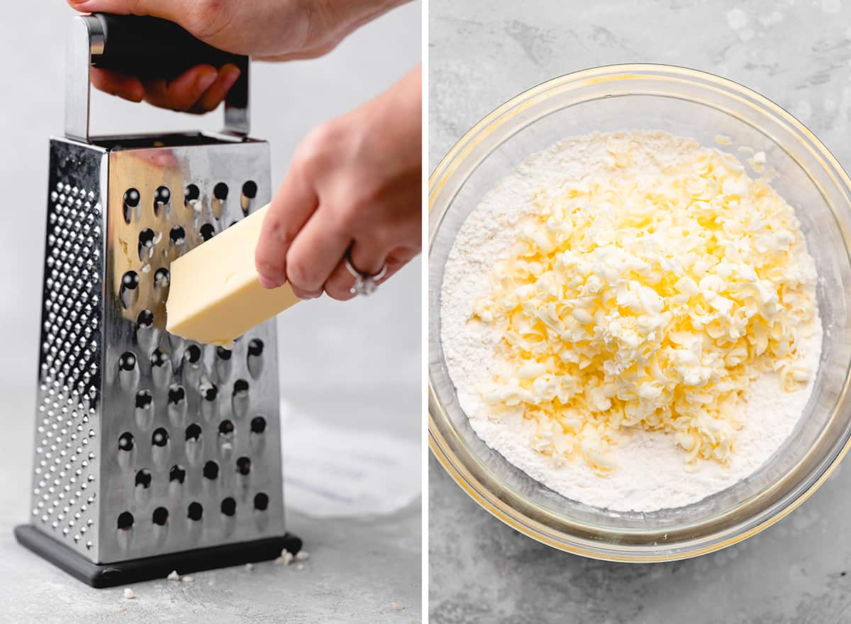 two photos showing How to Make Scones - grating frozen butter