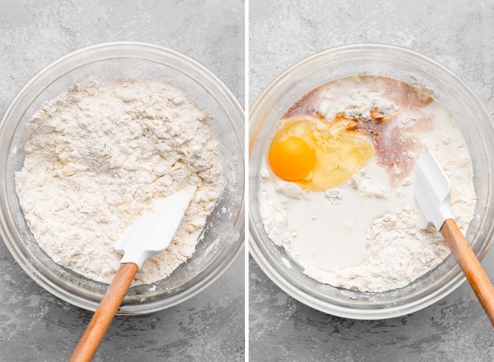 two photos showing How to Make Scones - adding wet ingredients 