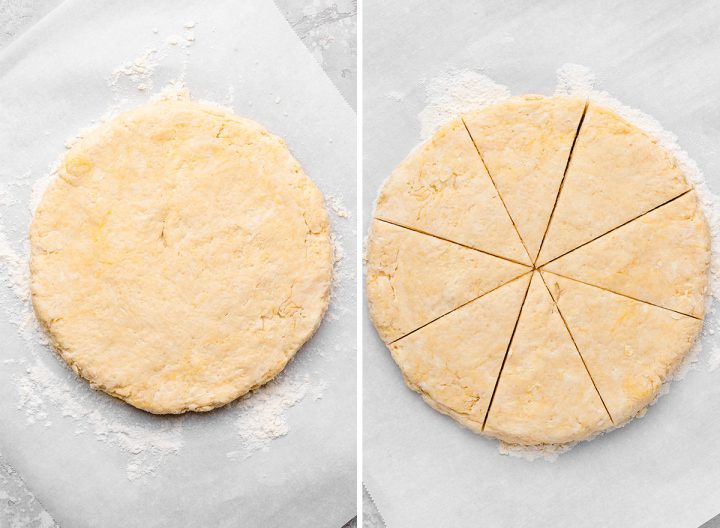 two photos showing How to Make Scones - rolling the dough out into a circle and cutting into 8 pieces 