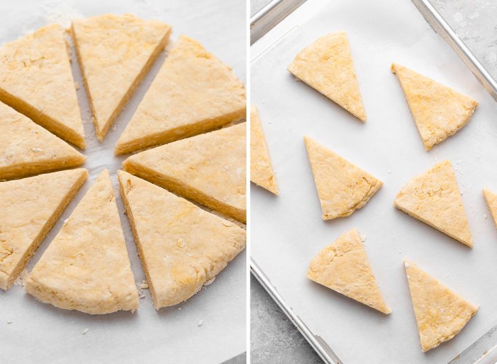 two photos showing How to Make Scones - lining triangular pieces of scone dough on a baking sheet. 