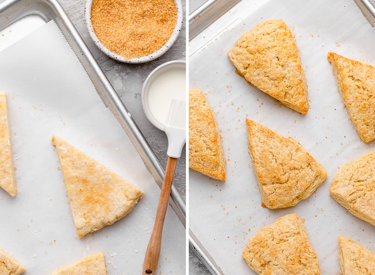 two photos showing How to Make Scones - brushing on cream and sugar, then after baking