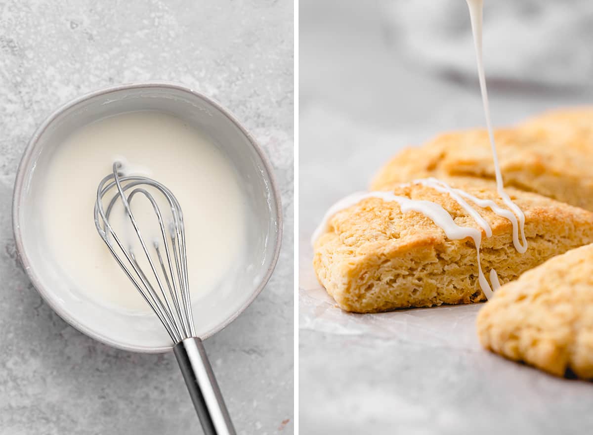 two photos showing How to Make Scone glaze, and drizzling it onto a scone