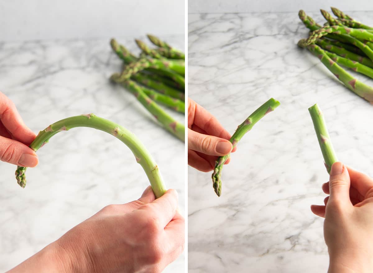 two photos showing How to Trim Asparagus  - bending the asparagus stalk and it broken in half