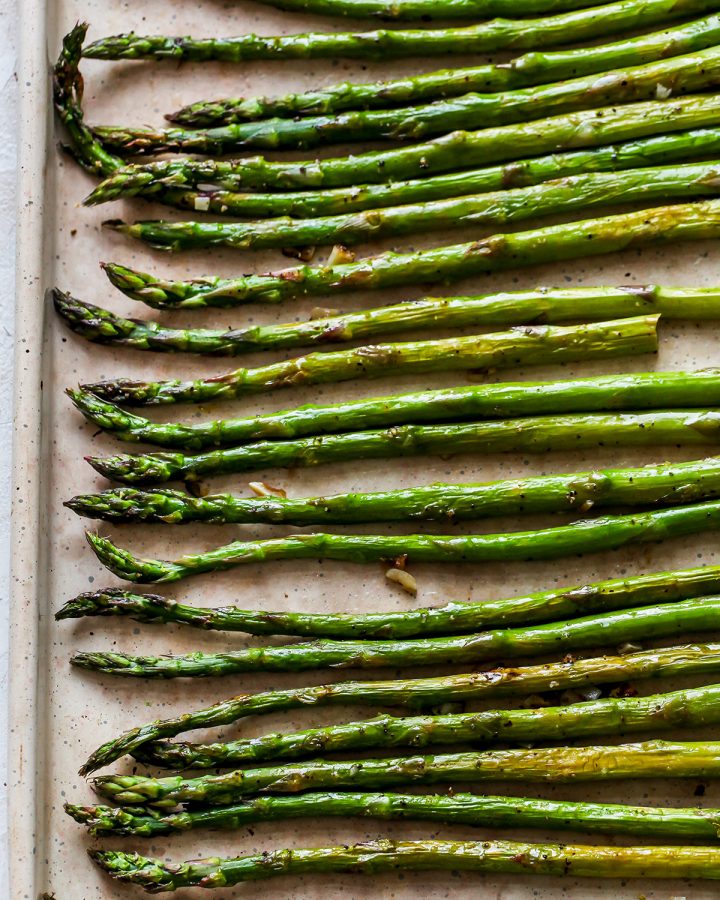 Baked Asparagus on a baking sheet after roasting