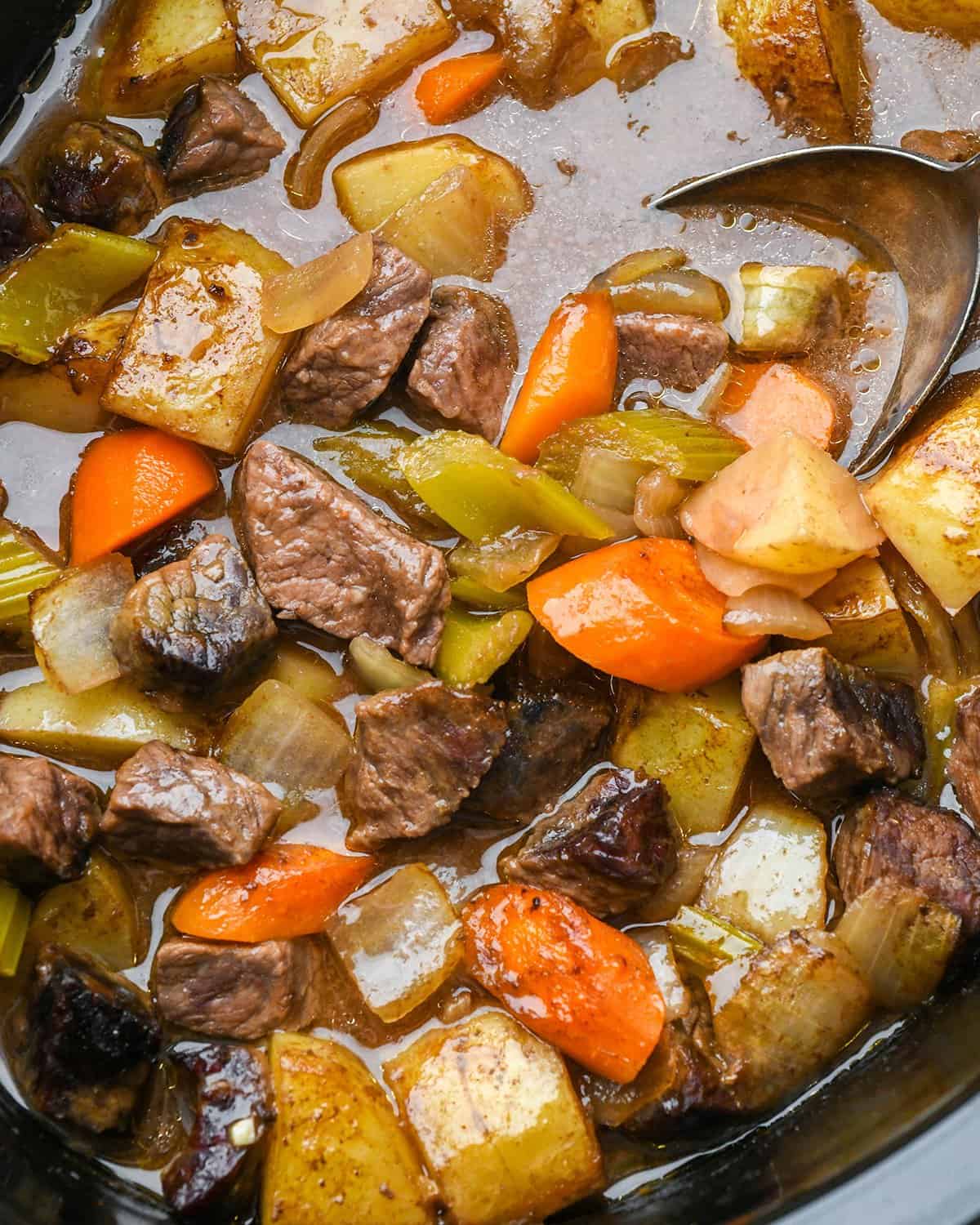 beef stew in the slow cooker after cooking.
