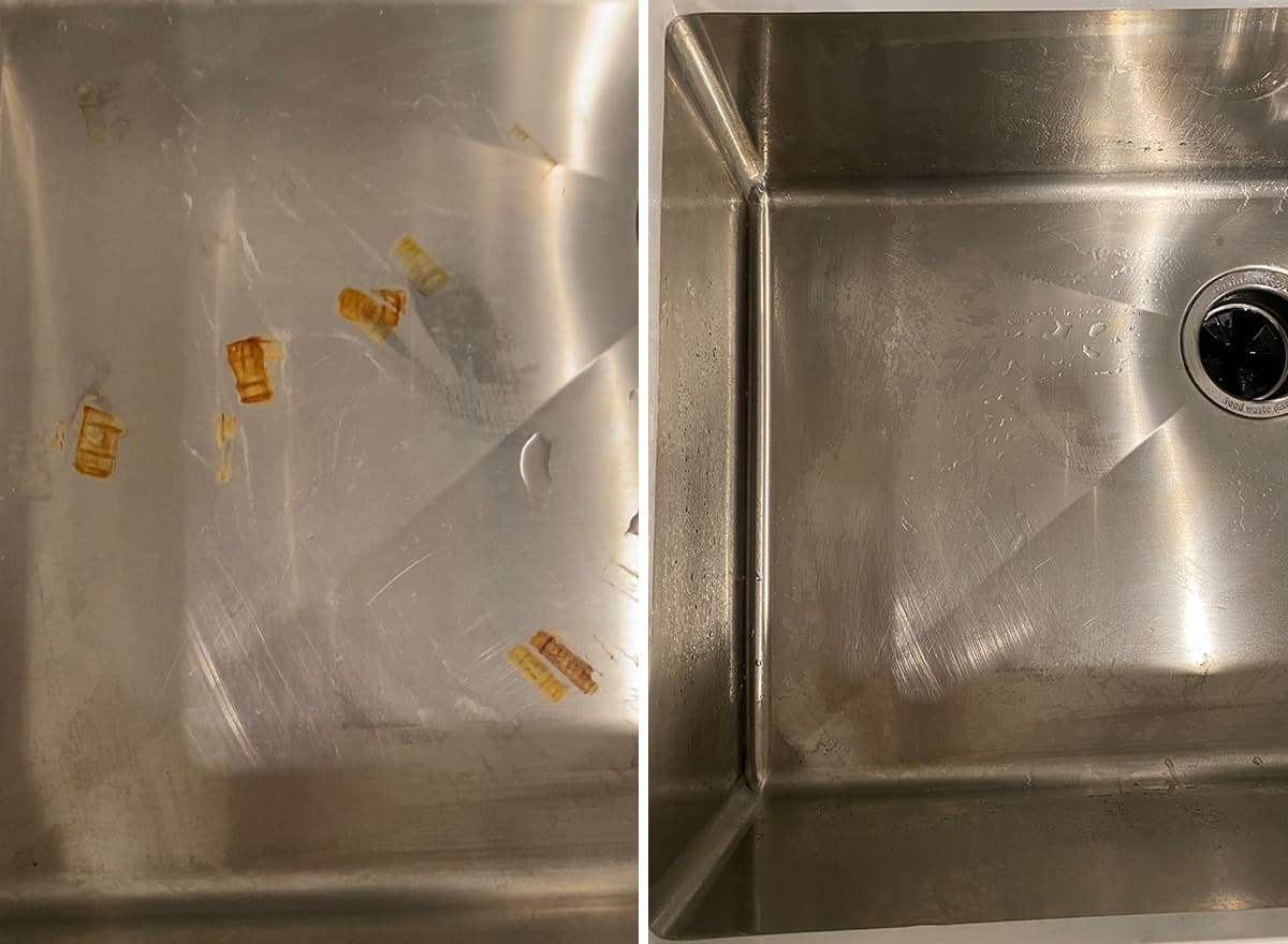 two photos showing a sink with rust stains before using Thieves Cleaning Paste and then it sparkly clean after using the paste. 