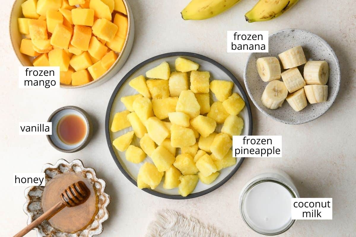 overhead photo of the ingredients in this Tropical Smoothie Recipe
