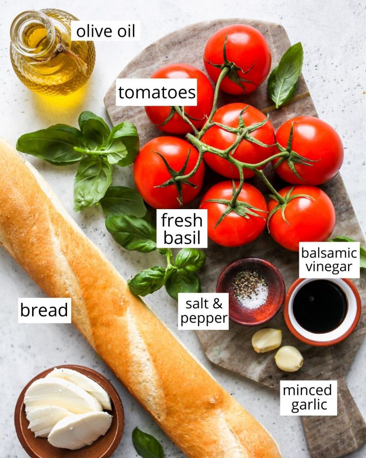 overhead photo of the ingredients in this Tomato Bruschetta Recipe
