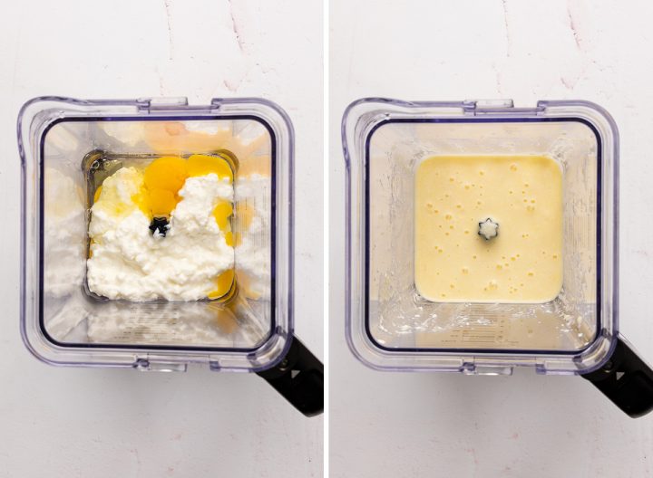two photos showing How to Make Cottage Cheese Pancakes in the blender