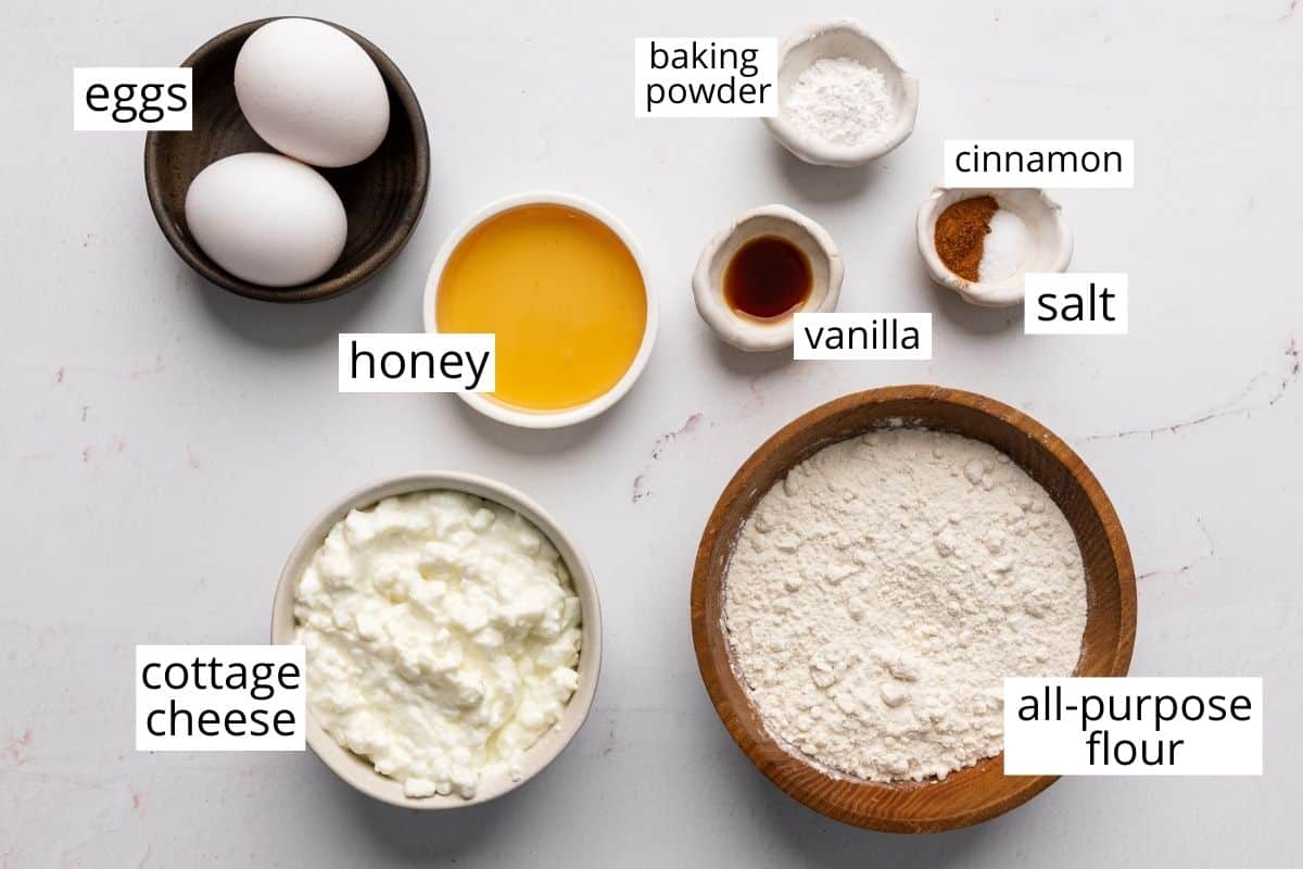 overhead photo of the ingredients in this Cottage Cheese Pancakes recipe