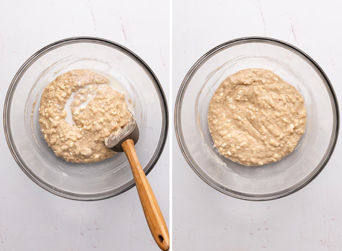 two photos showing How to Make Cottage Cheese Pancakes in one bowl