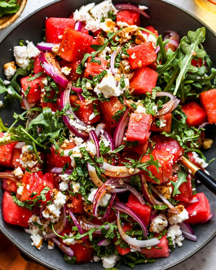 up close photo of Feta Watermelon Salad in a serving bowl