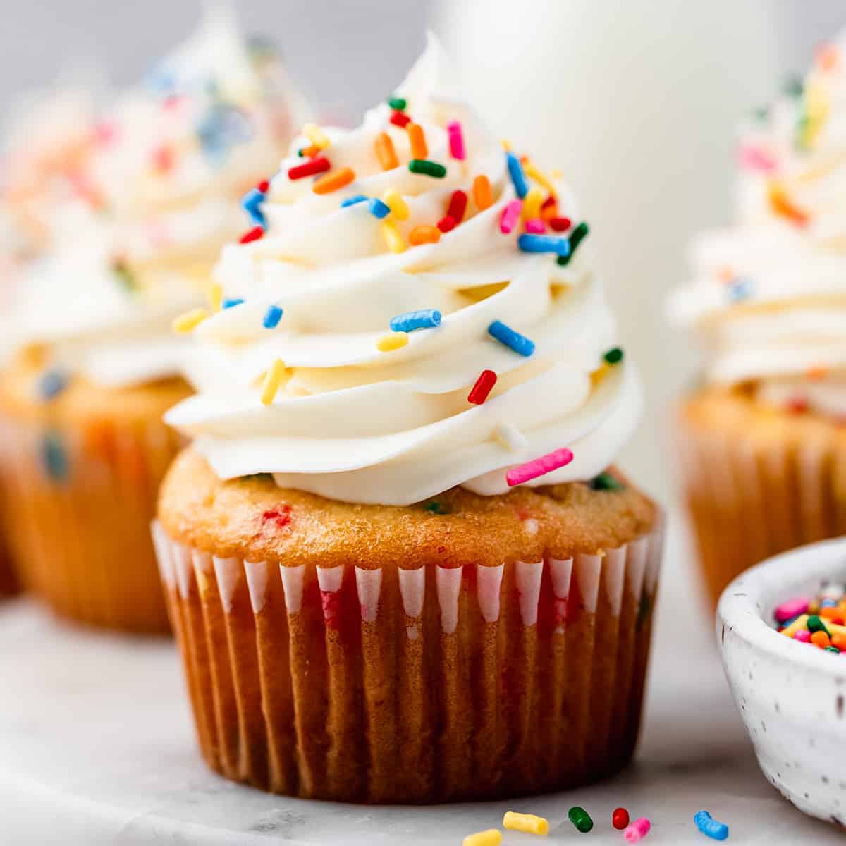 Funfetti Cupcakes with vanilla frosting and sprinkles