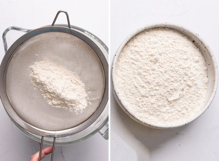 two photos showing How to Make Angel Food Cake - sifting flour