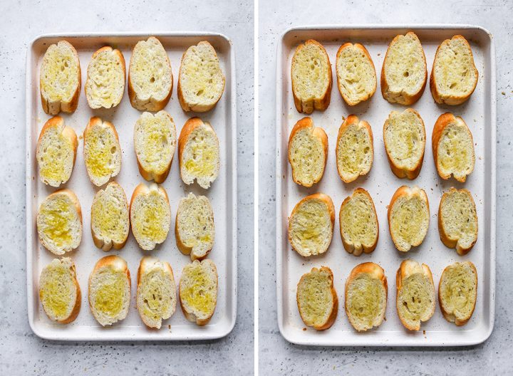 two photos showing How to Make Bruschetta - toasting the bread 