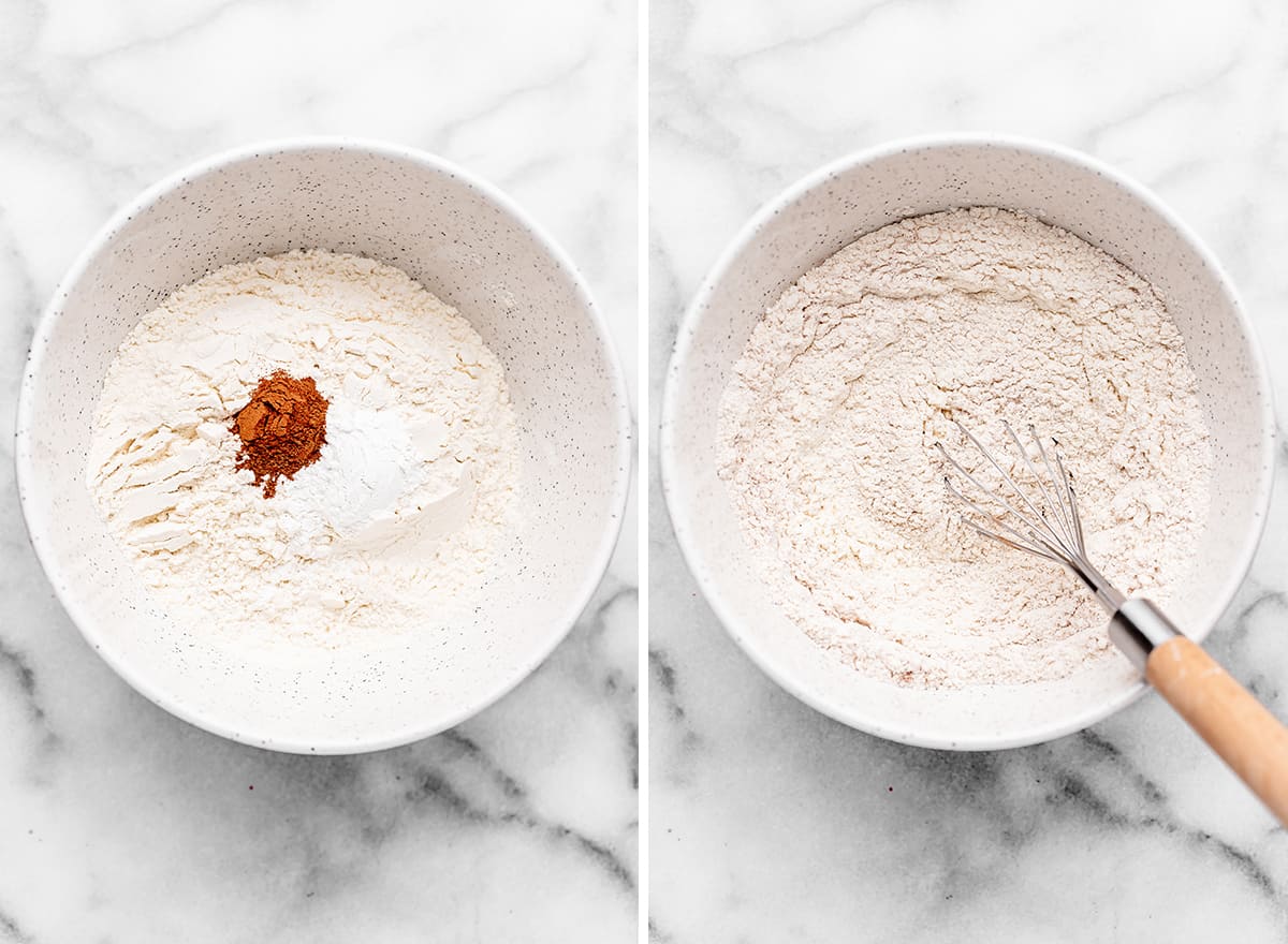 two photos showing How to Make Coffee Cake - combining the dry ingredients
