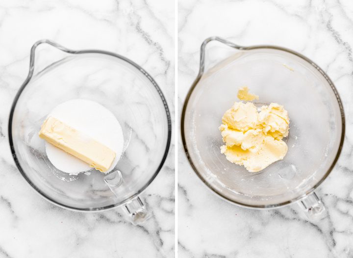 two photos showing How to Make Coffee Cake - beating butter and sugar