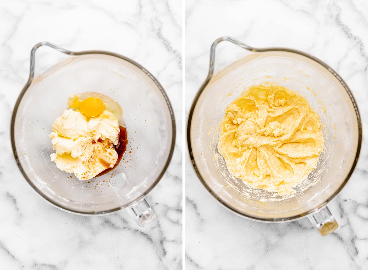 two photos showing How to Make Coffee Cake - adding egg and vanilla