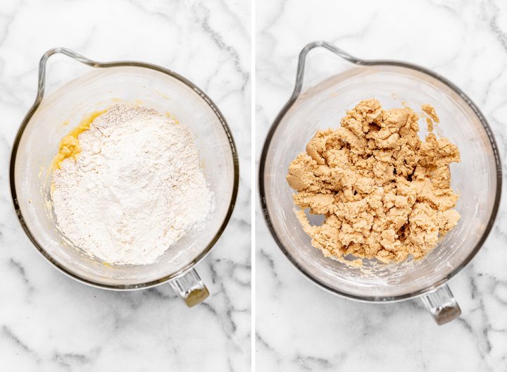 two photos showing How to Make Coffee Cake - combining wet and dry ingredients