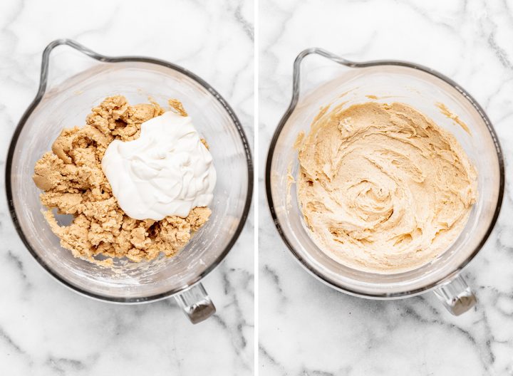 two photos showing How to Make Coffee Cake - adding sour cream
