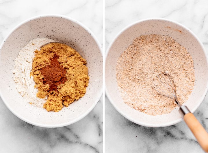 two photos showing How to Make Coffee Cake - combining crumb topping ingredients