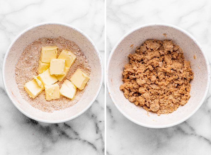 two photos showing How to Make Coffee Cake - making the crumb topping