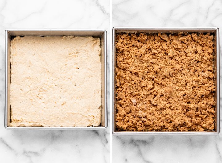 two photos showing How to Make Coffee Cake - in baking pan before and after adding crumb topping
