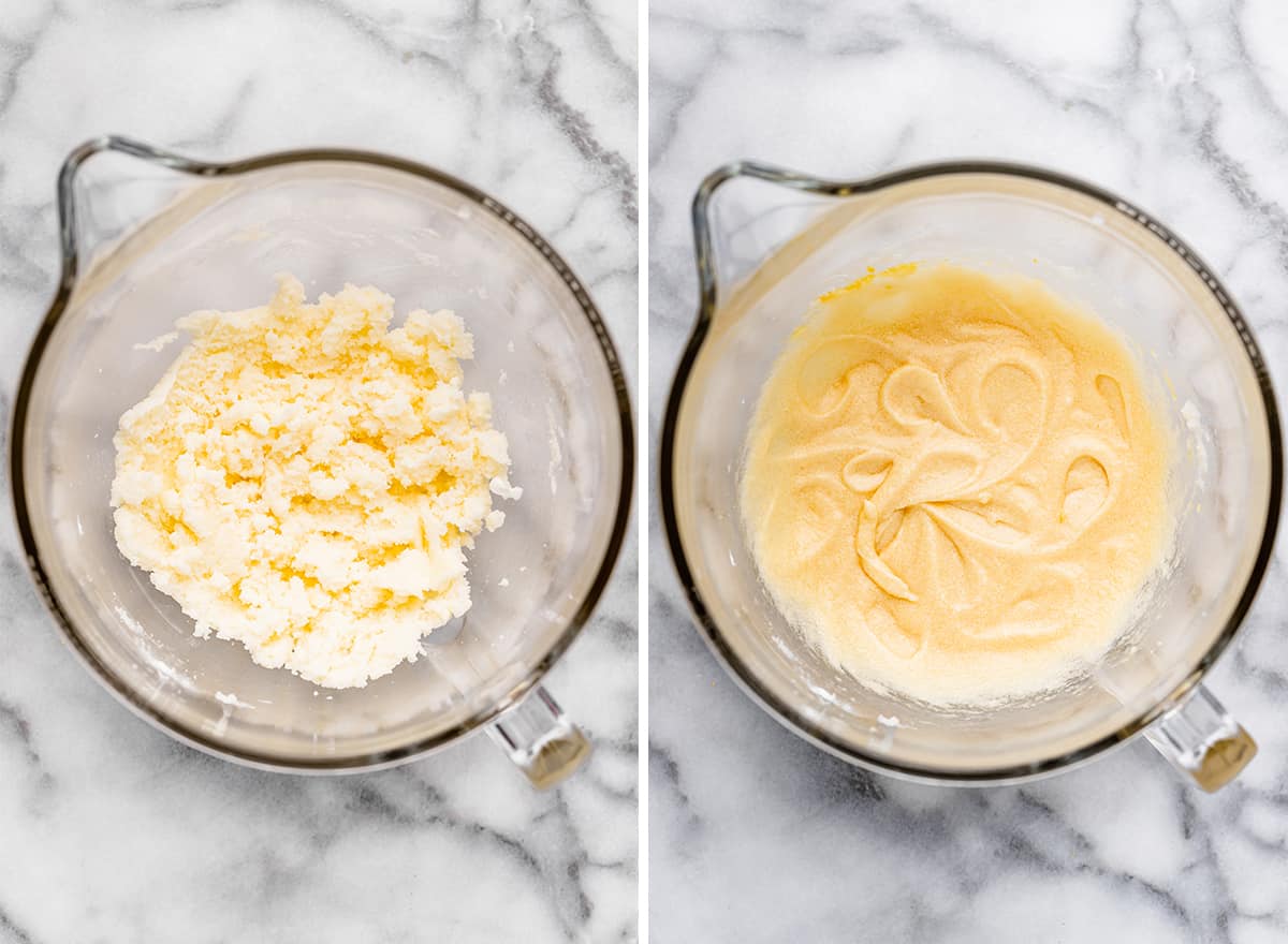 two photos showing How to Make Funfetti Cupcakes from Scratch - beating butter and sugar and adding eggs. 