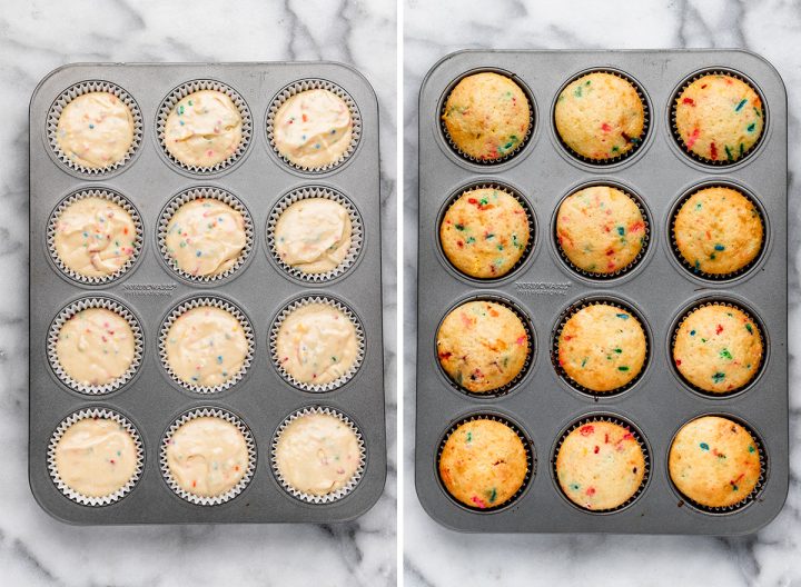 two photos showing How to Make Funfetti Cupcakes from Scratch - in a cupcake pan before and after baking